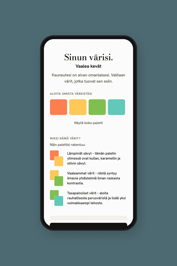 Värianalyysisovellus, jossa näkyy värityyppi ja henkilökohtainen väripaletti